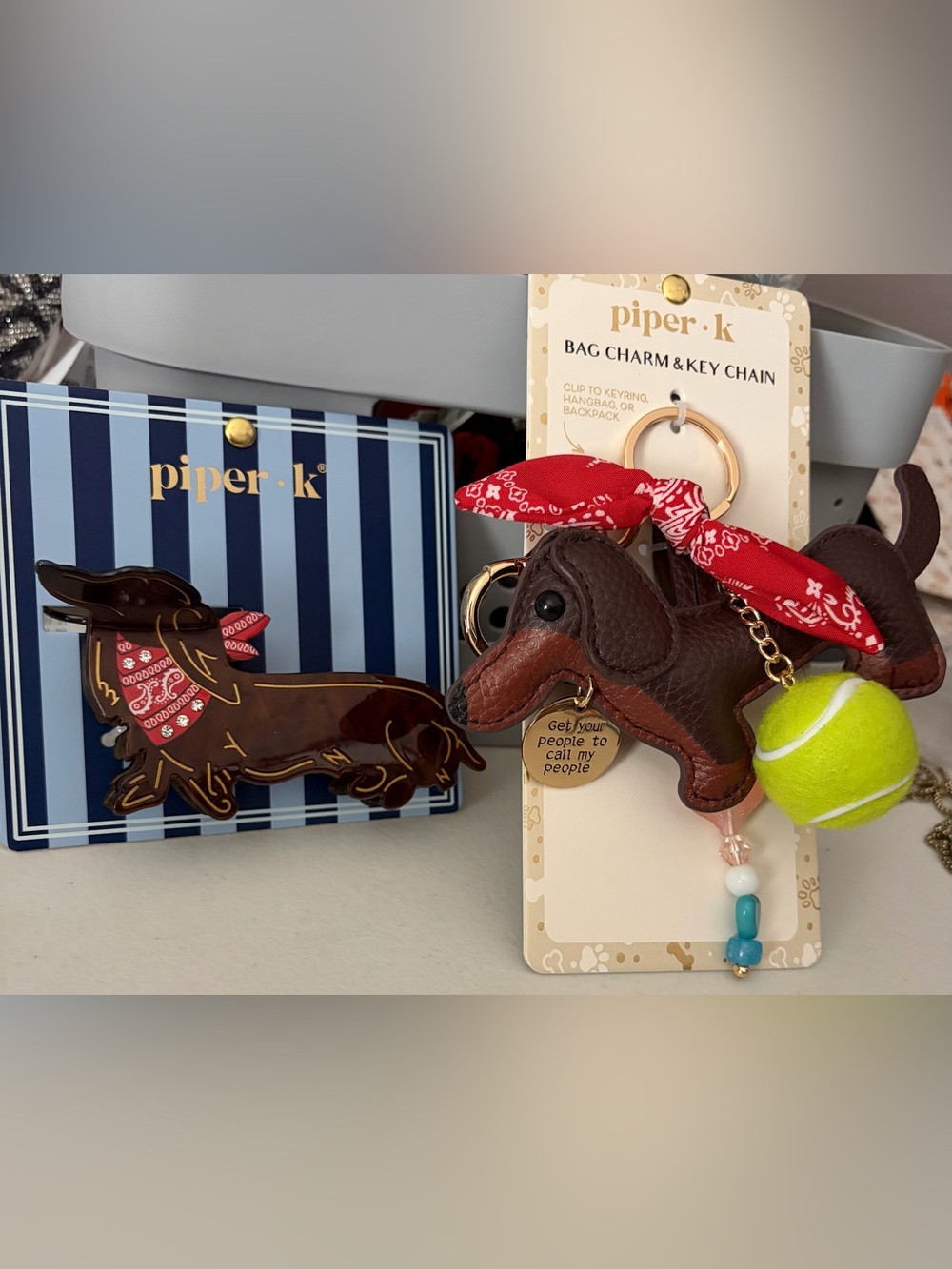 Piper K Brown Dachshund Keychain with Red Bandana and Hair Claw